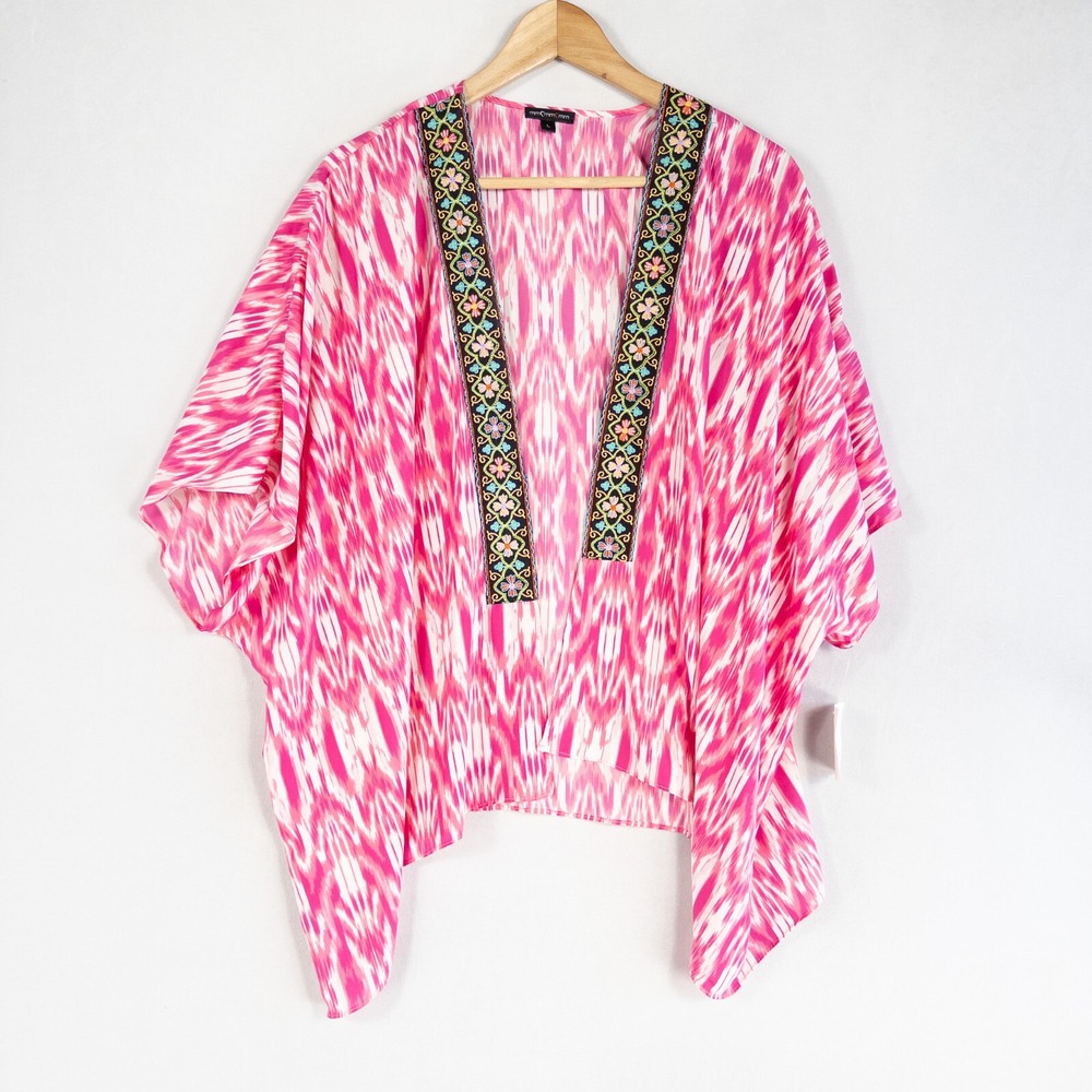 MmMmMm Topper Womens Sz Large Pink Geometric Open Front Embroidered Trim Boho